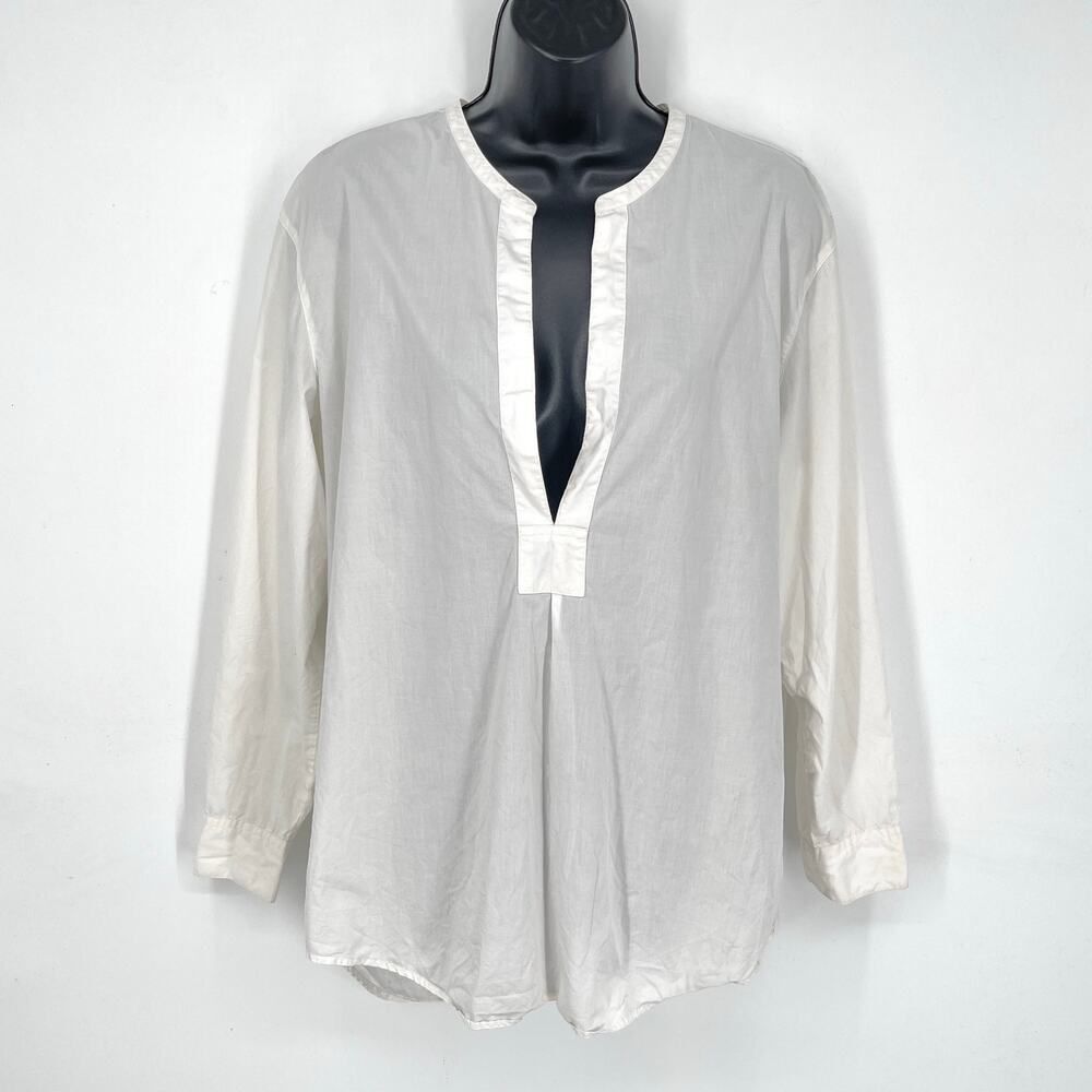 Chico’s Cotton Long Sleeve Tunic Top Sz 1 / M White Deep V-Neck Hi-Low Shirt Hem
